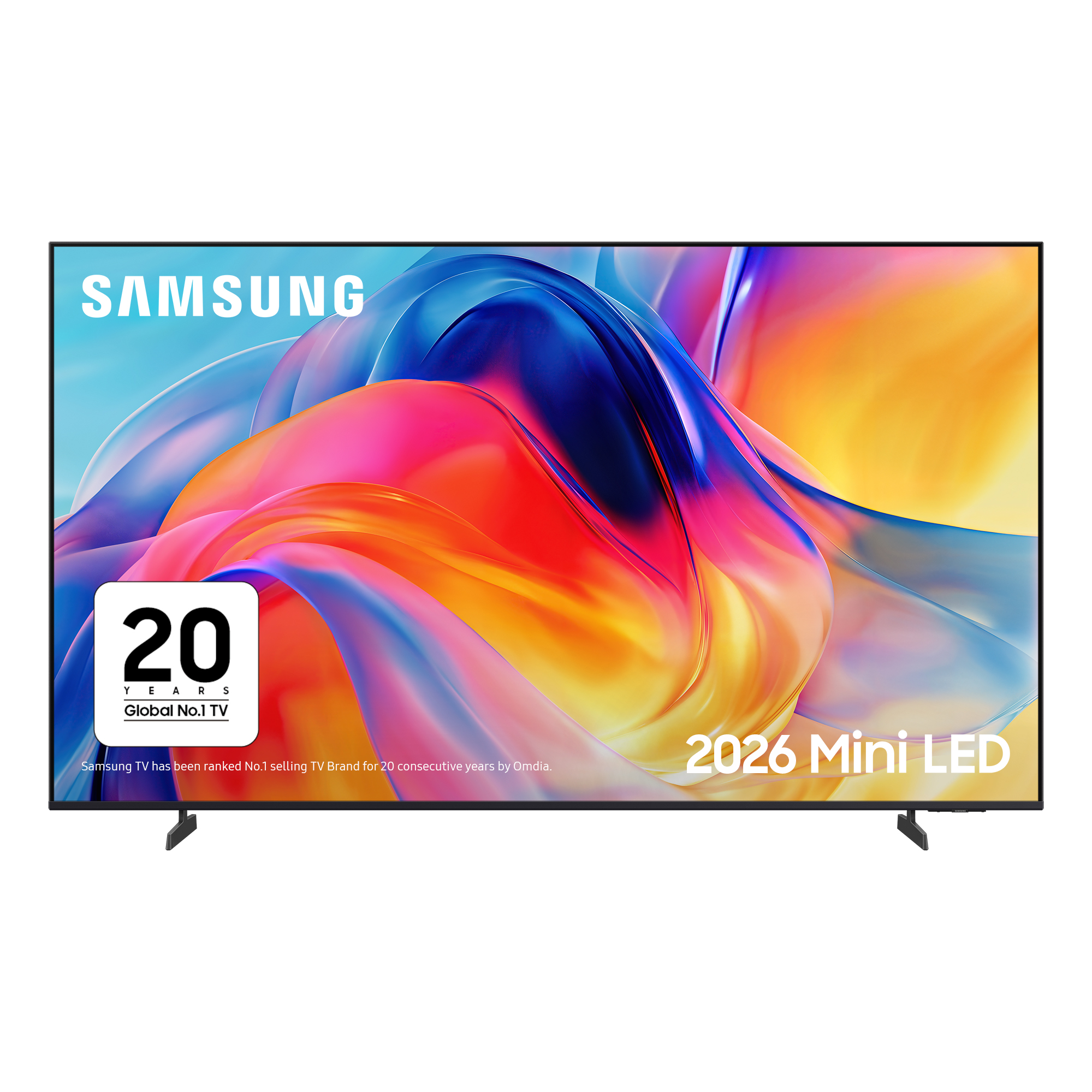Samsung TV mit bunter abstrakter Anzeige, 20-Jahre-Logo und dem Text 2026 Mini LED.
