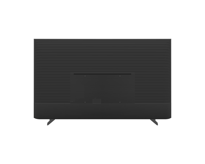 Rückseite eines schwarzen Fernsehers mit horizontalen Linien und Standfüßen.