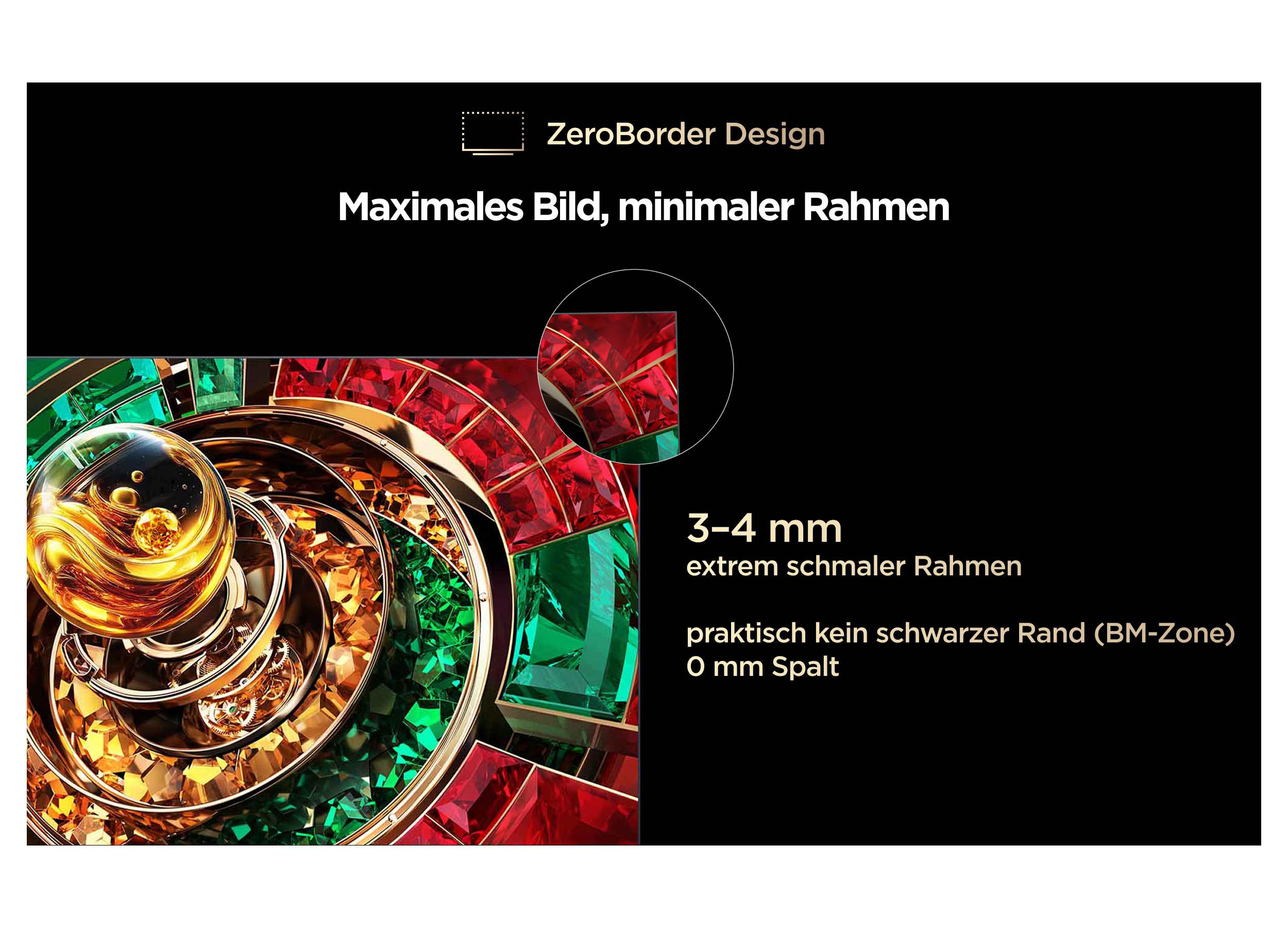 Display mit extrem schmalem Rahmen von 3-4 mm und kaum sichtbarem Rand für ein maximales Bild.