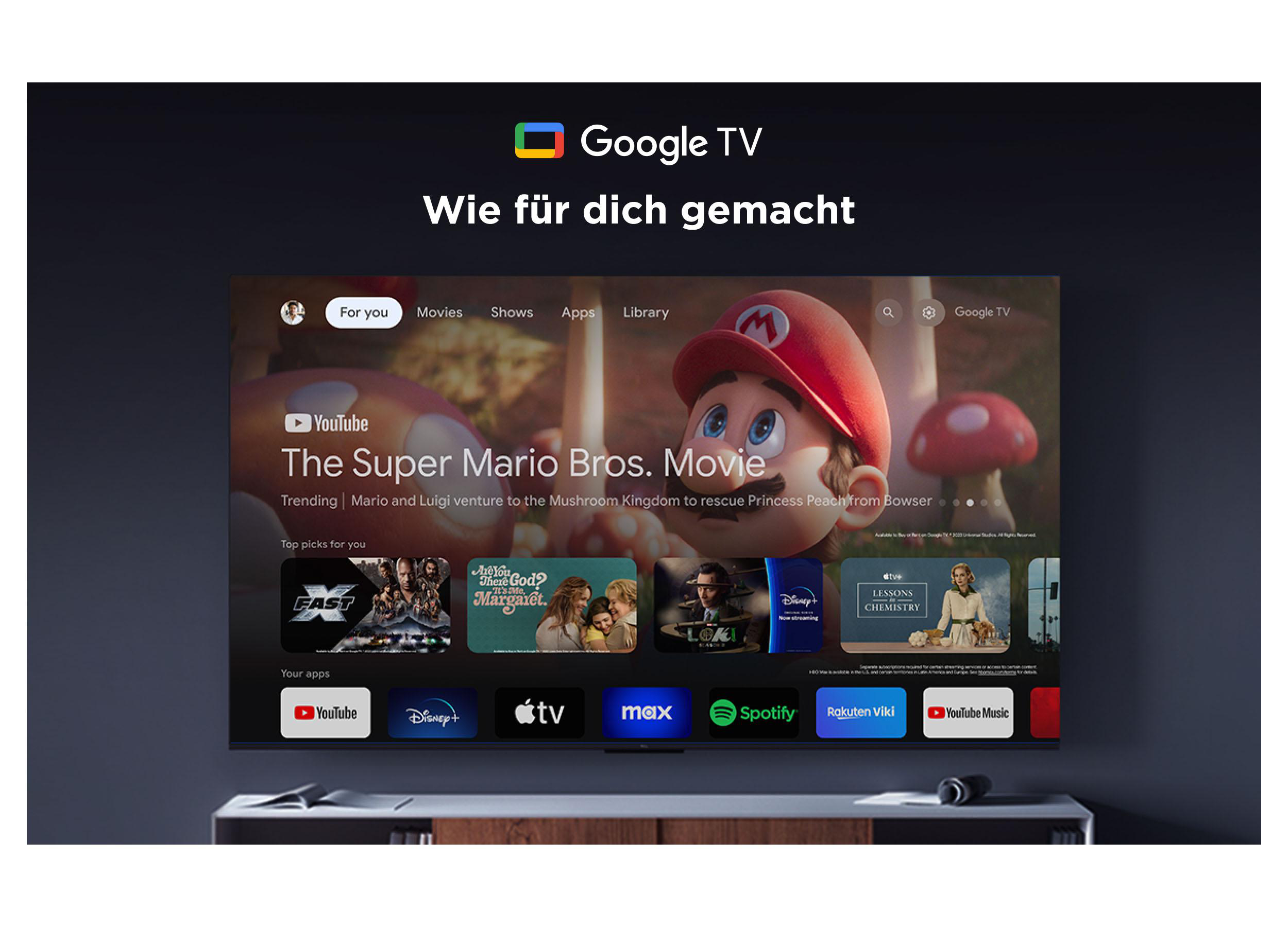 Google TV Benutzeroberfläche mit The Super Mario Bros. Movie auf dem Bildschirm.