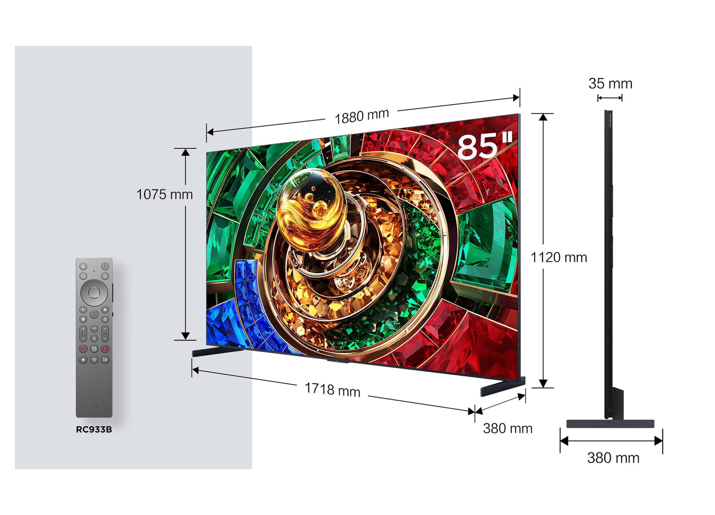 Technische Maße für einen 85-Zoll-Fernseher mit Fernbedienung, mit Breiten-, Höhen- und Tiefenangaben.