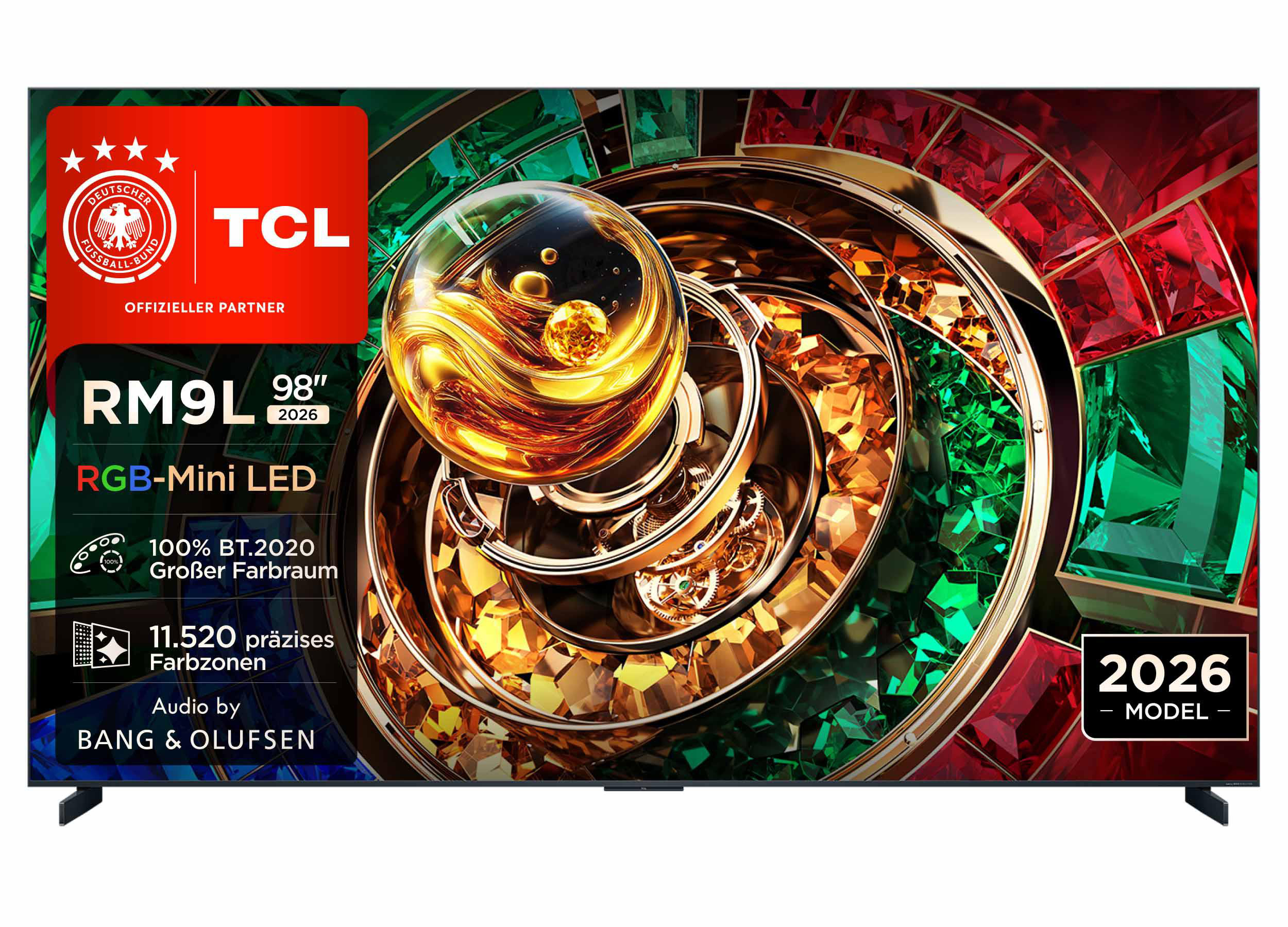 TCL RM9L 98 Zoll RGB-Mini-LED-Fernseher mit bunten Edelsteingrafiken und offizieller DFB-Partner-Grafik.