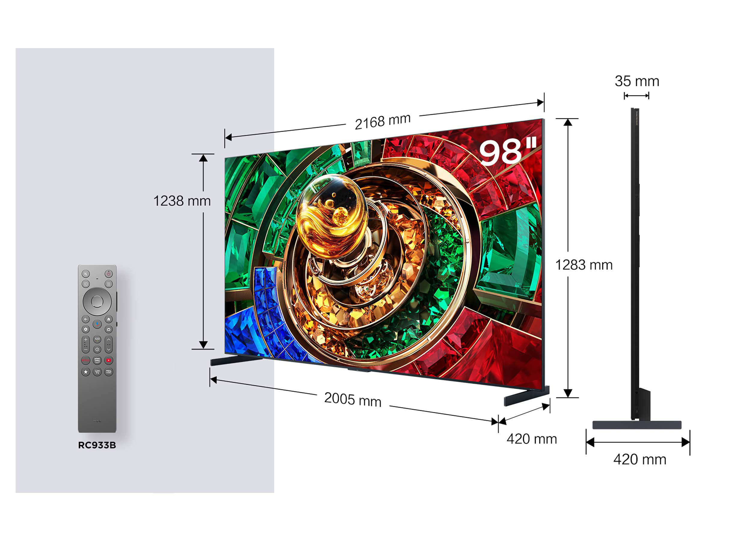 Technische Zeichnung mit Maßangaben eines 98-Zoll-Fernsehers, Fernbedienung und Seitenansicht.