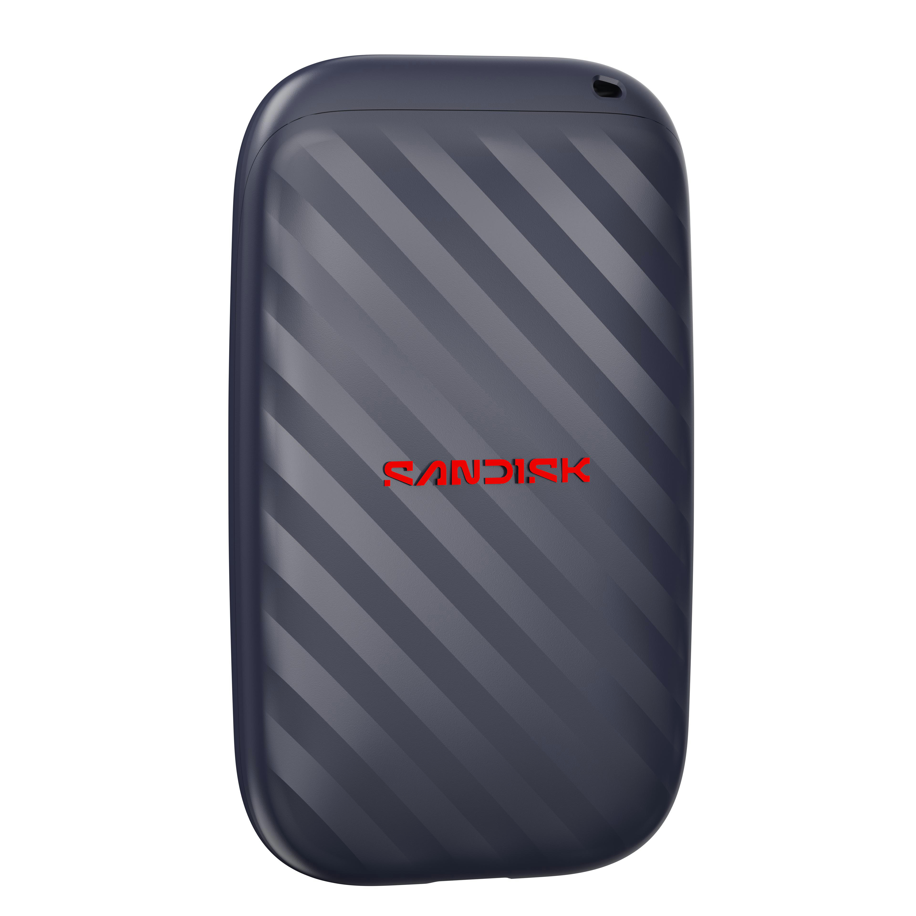 Dunkelblaue SanDisk SSD mit diagonalem Streifenmuster auf der Vorderseite und rotem Logo.