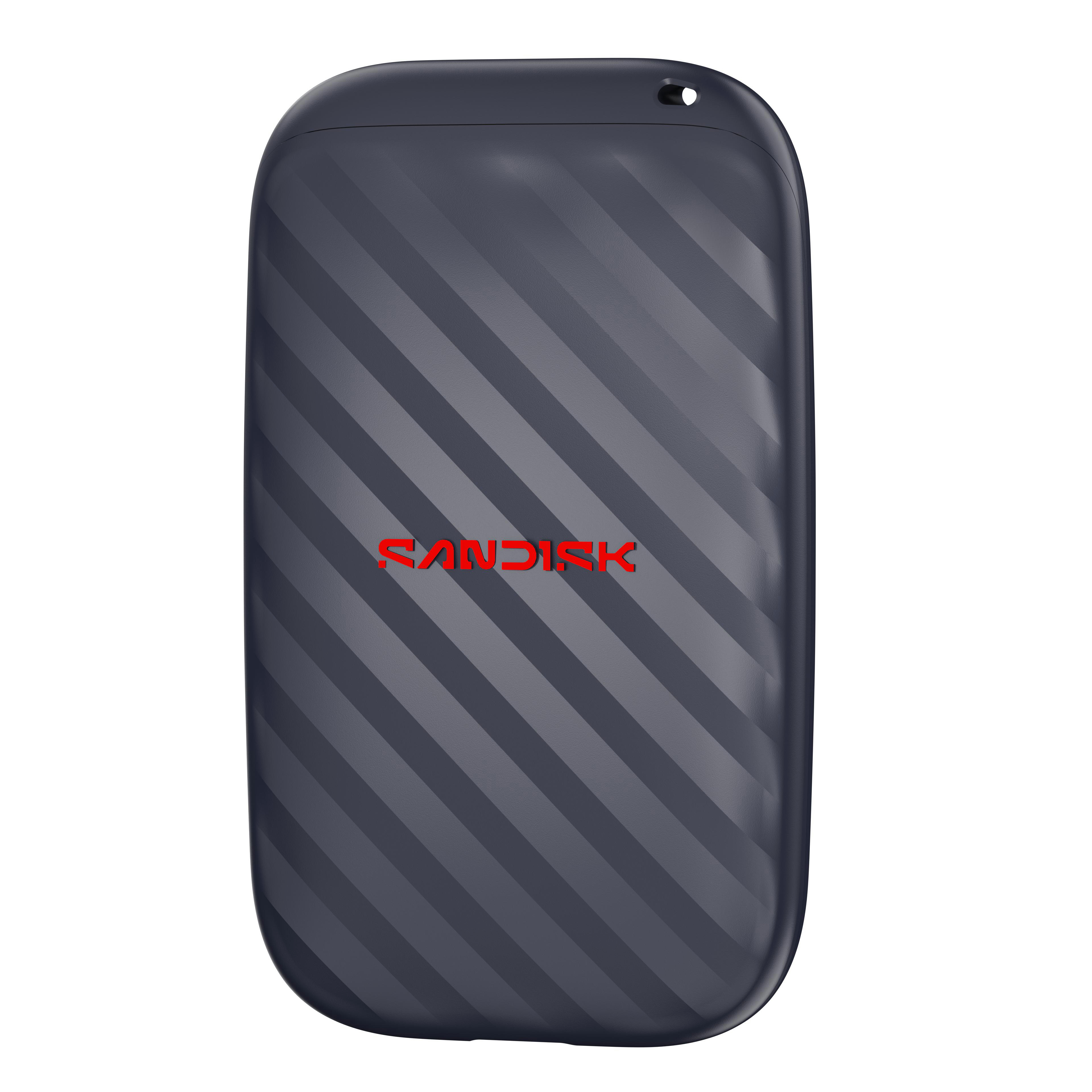 Dunkelblaue SanDisk SSD mit diagonalen Rillen und rotem Logo auf weißem Grund.