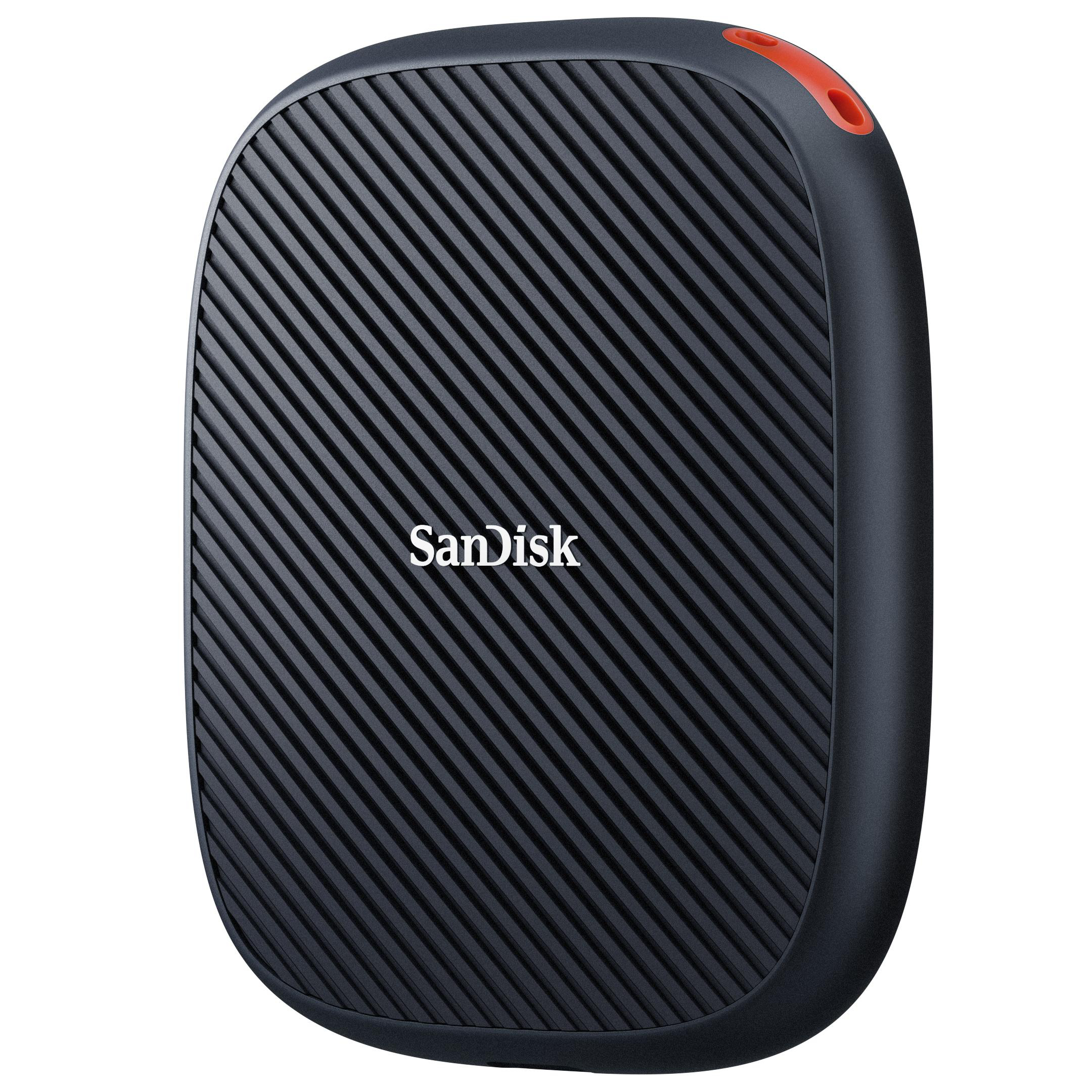 Schwarze SanDisk externe SSD mit gerippter Textur und einem roten Akzent oben.