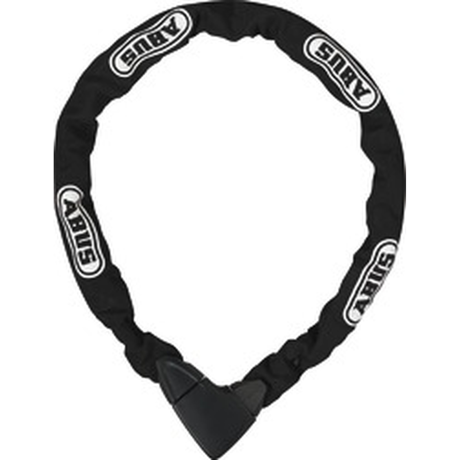 A black ABUS chain lock with white brand logos on its protective fabric cover.