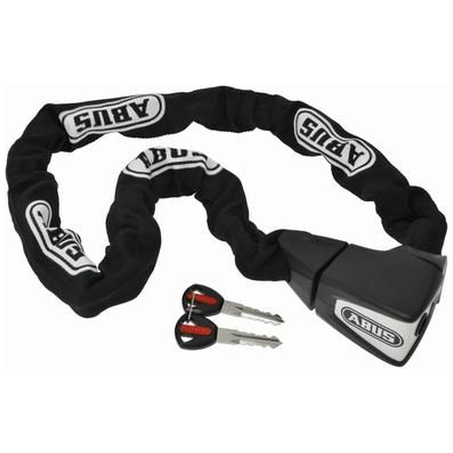 A black Abus chain lock with white branding, a locking mechanism, and two matching keys on a white background.