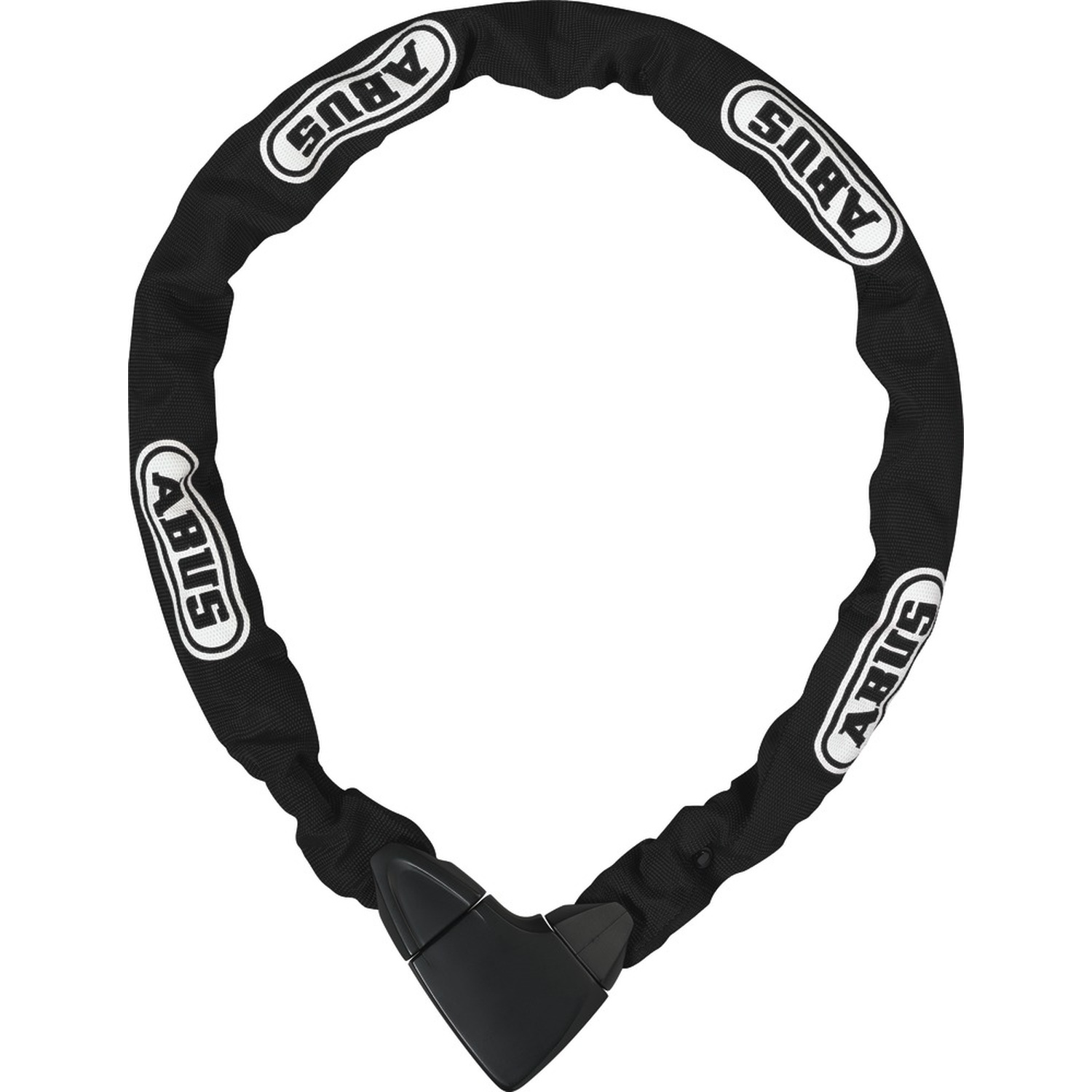 Black ABUS chain lock with fabric sleeve and lock body against a white background.