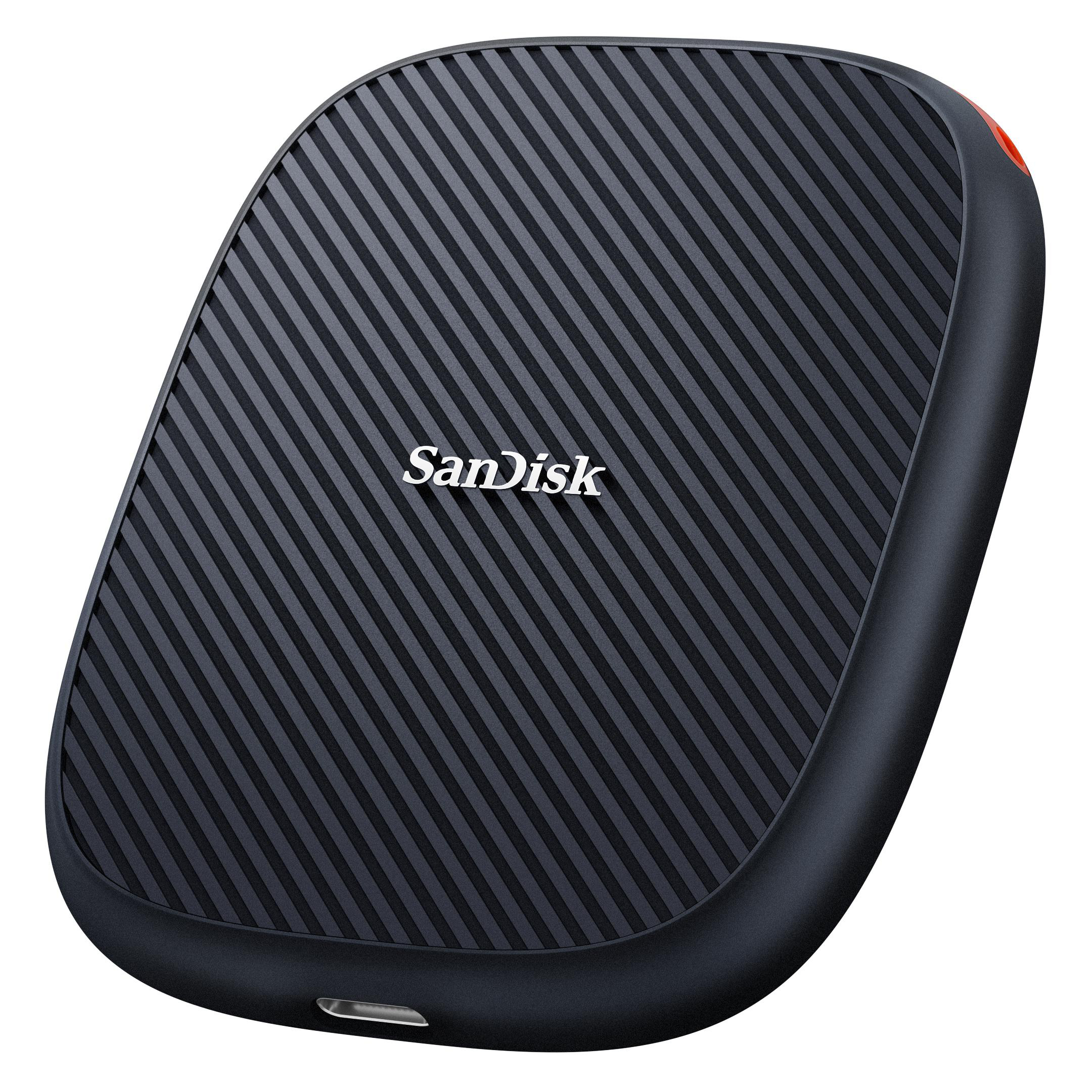 Eine schwarze mobile SanDisk-SSD mit gerippter Oberfläche und weißem Logo auf weißem Hintergrund.