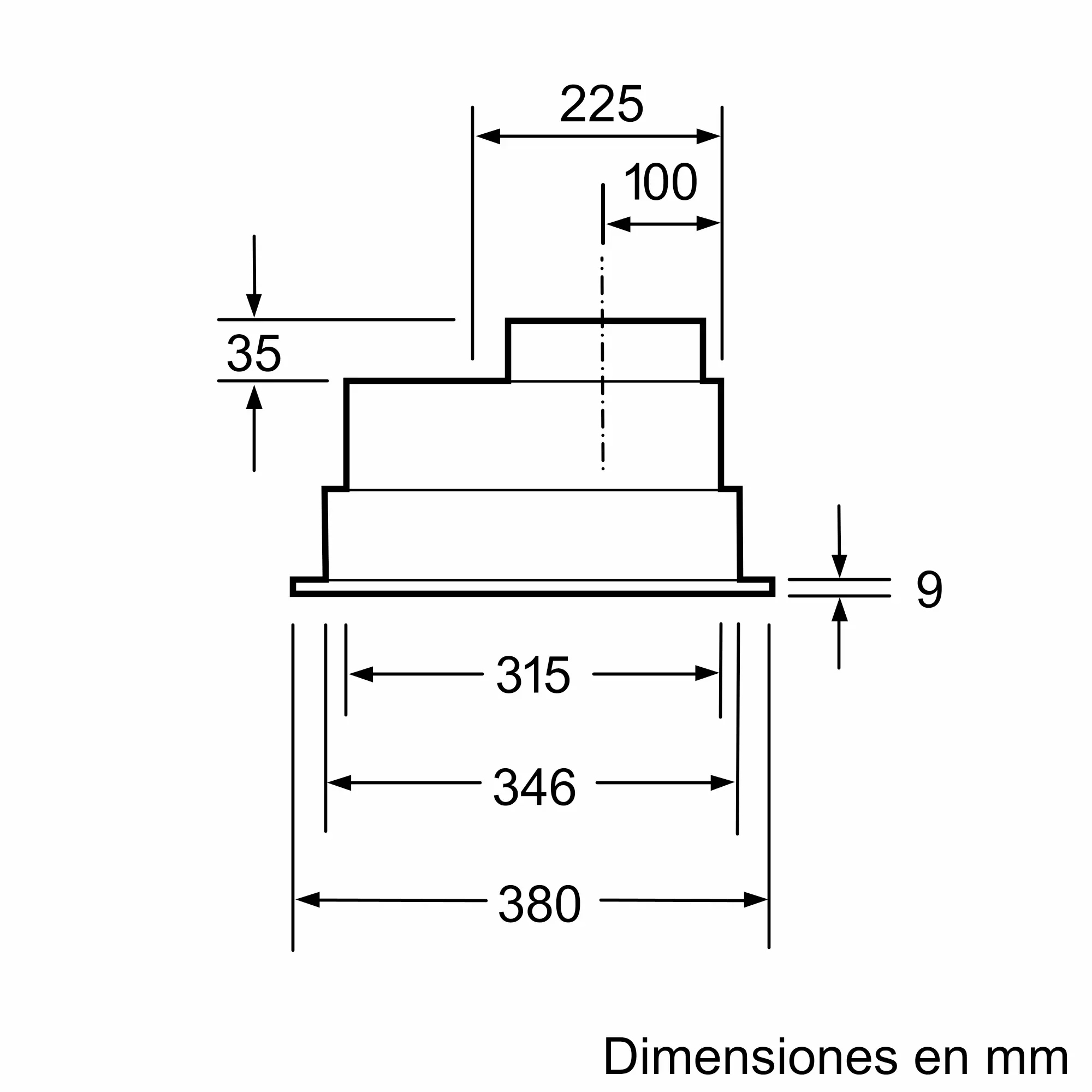 Dibujo técnico de una pieza mecánica de varios niveles con dimensiones en milímetros.