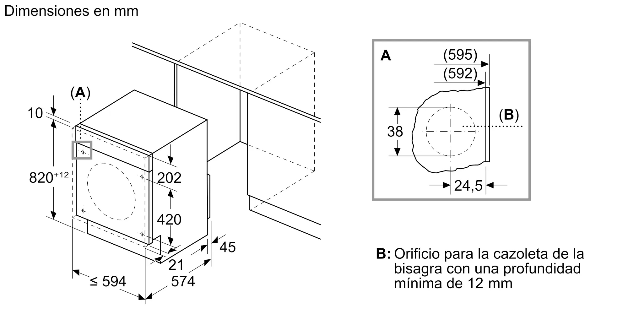 Dibujo técnico con dimensiones de instalación para un electrodoméstico y vista detallada del orificio de la bisagra.