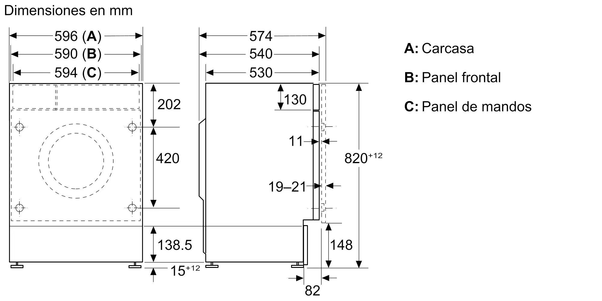 Dibujo técnico con las dimensiones de la lavadora en milímetros, vistas frontal y lateral.