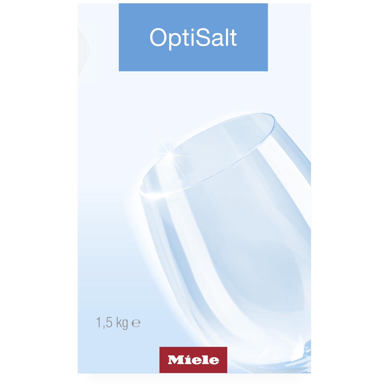 Emballage Miele OptiSalt avec verre brillant, accent bleu et texte 1,5 kg.