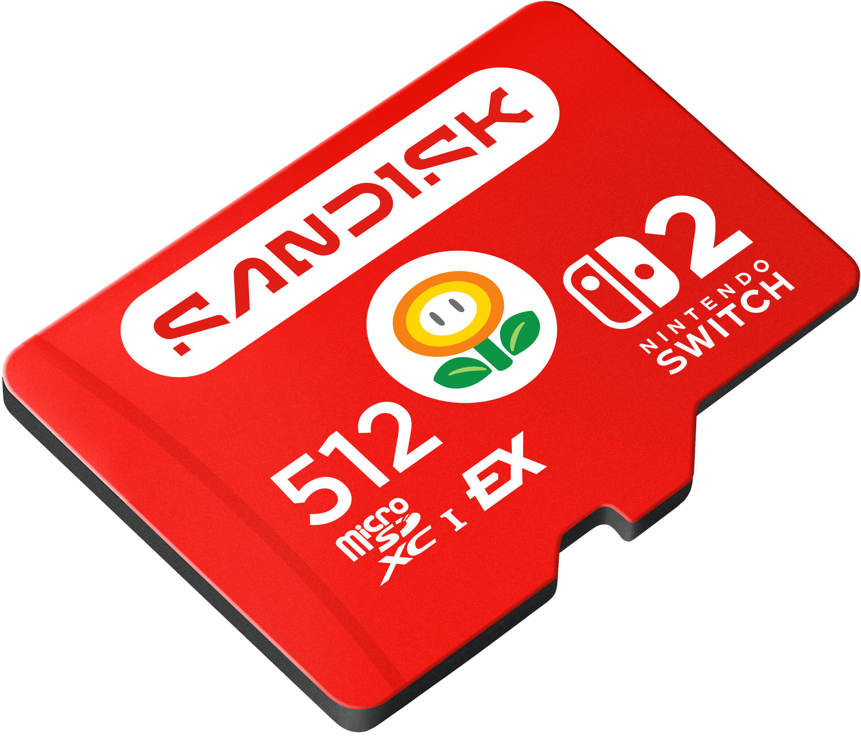 Rote SanDisk 512GB microSDXC-Speicherkarte für Nintendo Switch mit einer Feuerblume.