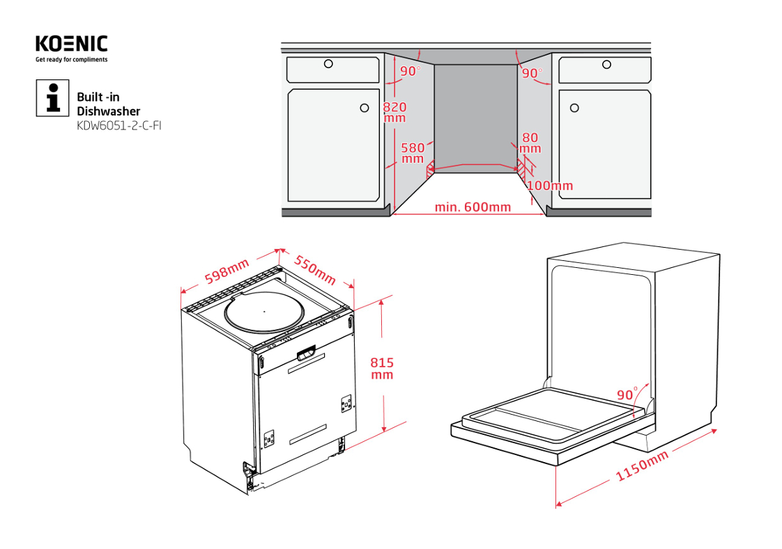 Diagramm mit Installationsmaßen für den Koenic KDW6051-2-C-FI Einbau-Geschirrspüler.