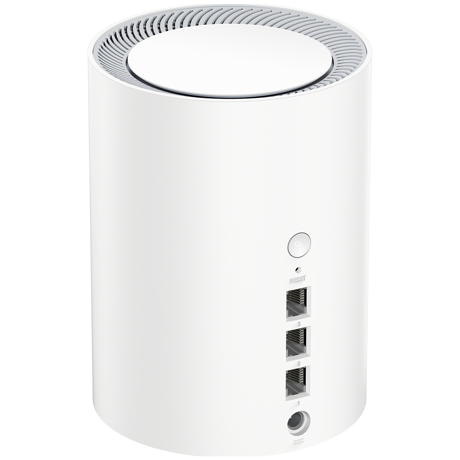 A white cylindrical router with ports and a button on the back against a white background.
