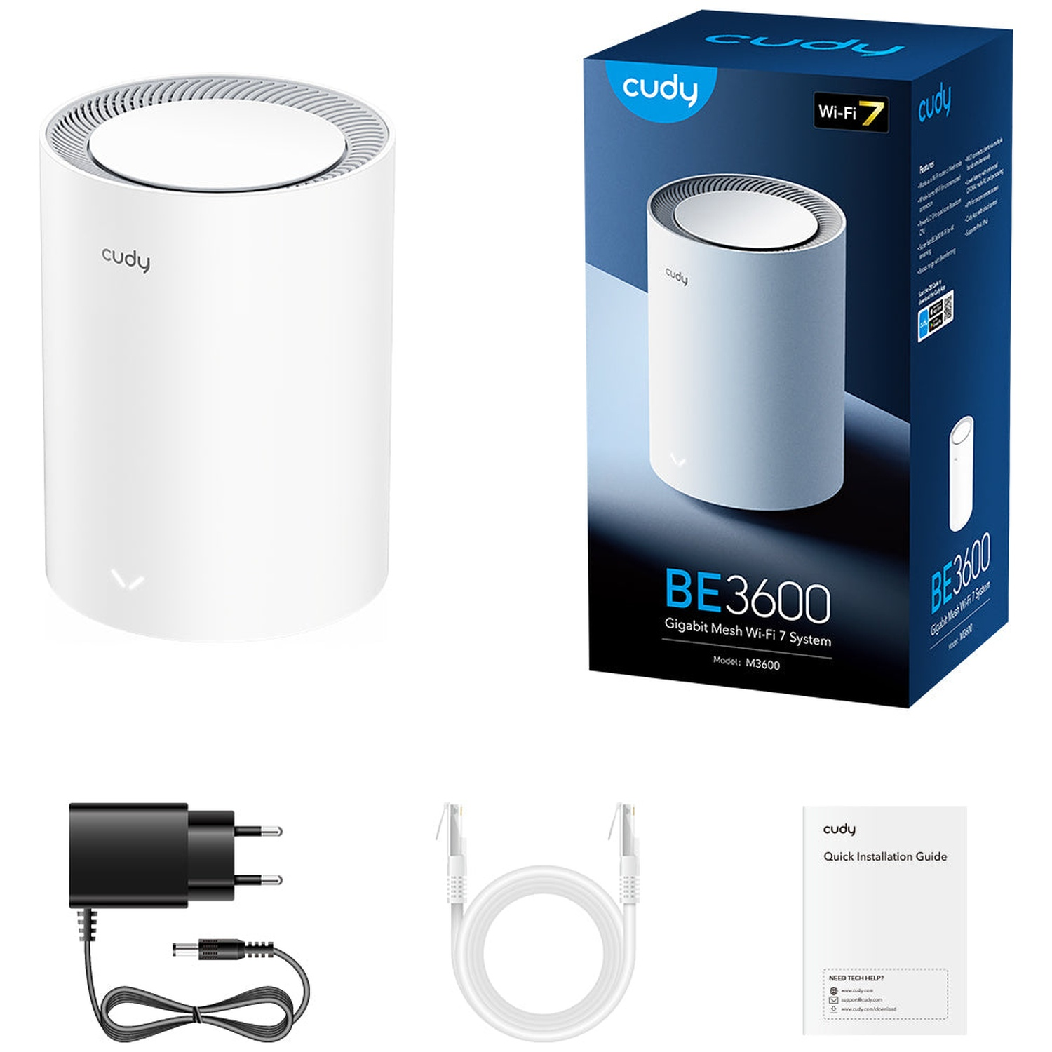 White Cudy BE3600 Wi-Fi 7 router shown with packaging, power adapter, ethernet cable, and manual.