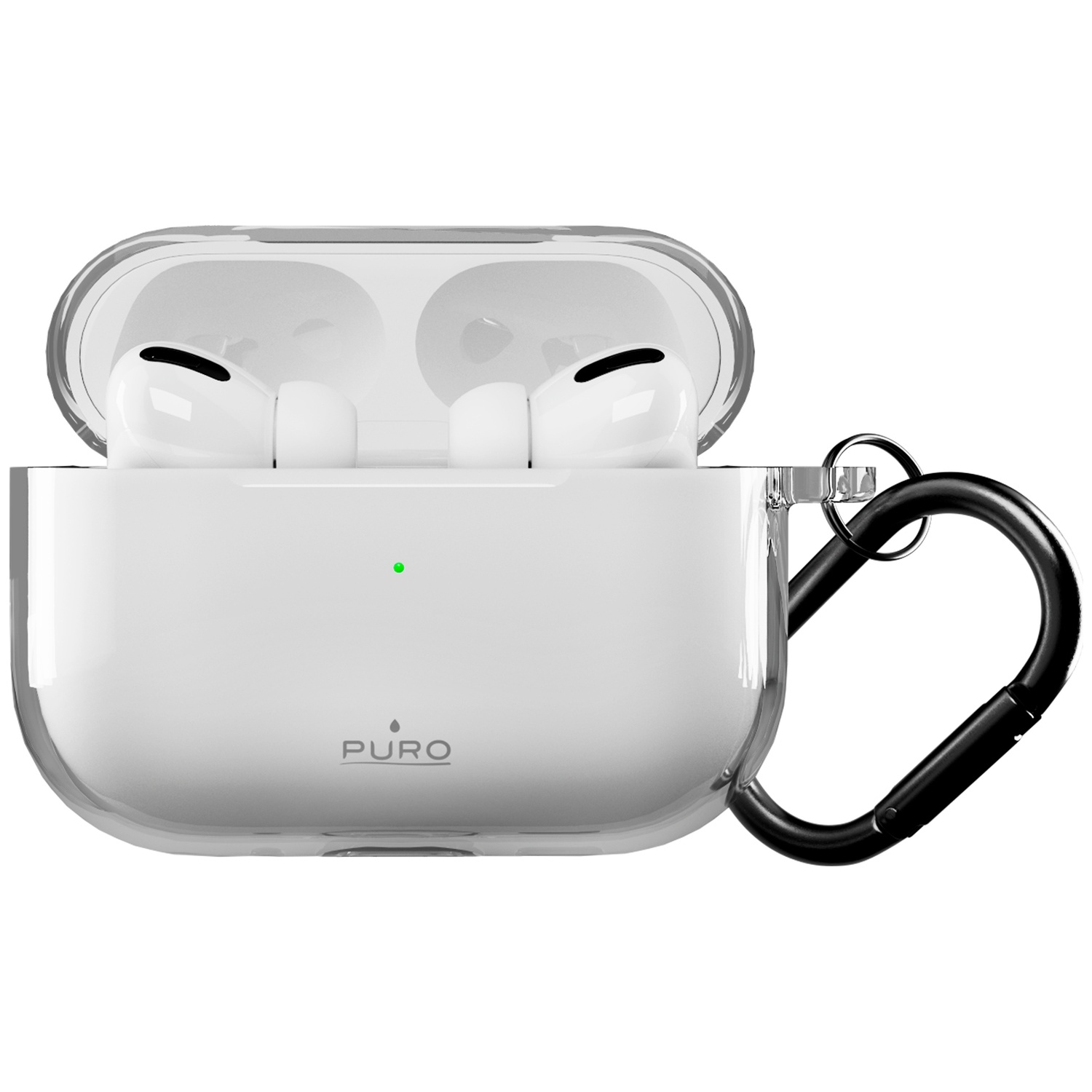 Witte AirPods Pro in een transparante beschermhoes met zwarte karabijnhaak tegen een witte achtergrond.