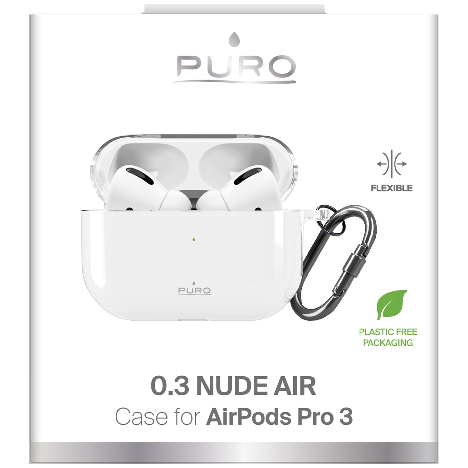 Productverpakking voor een transparante Puro 0.3 Nude Air beschermhoes voor AirPods Pro met karabijnhaak.