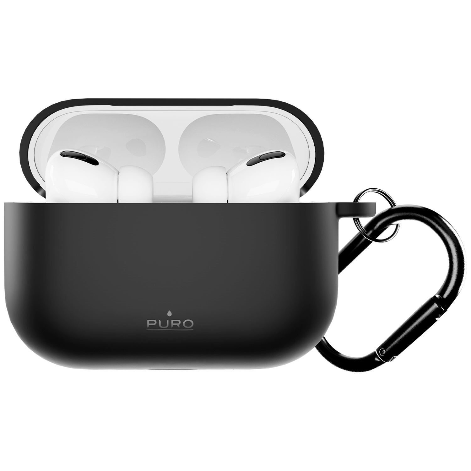 Witte draadloze oordopjes in een open zwarte siliconen beschermhoes met carabiner.