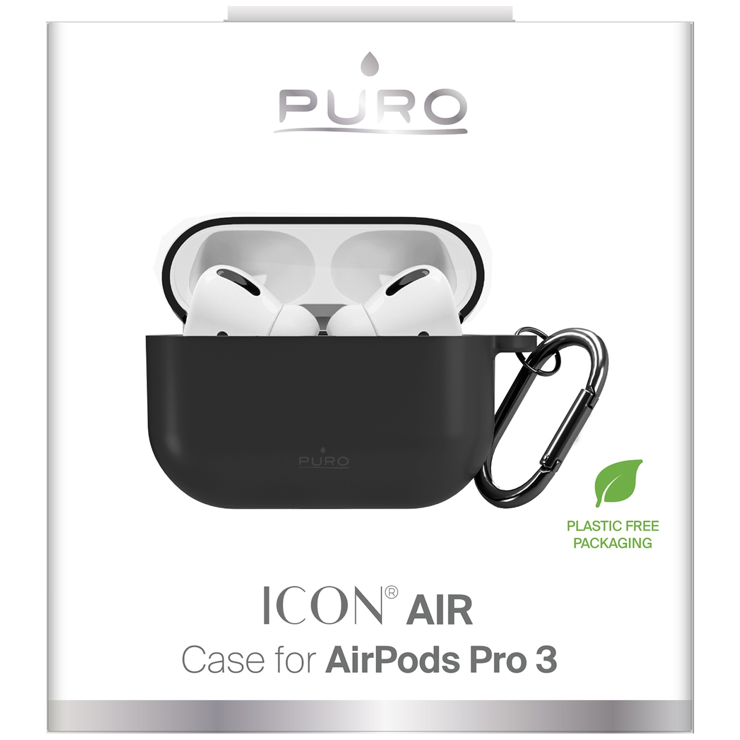 Witte productdoos voor Puro Icon Air hoesje voor AirPods Pro 3, met zwarte case, karabijnhaak en oordopjes.