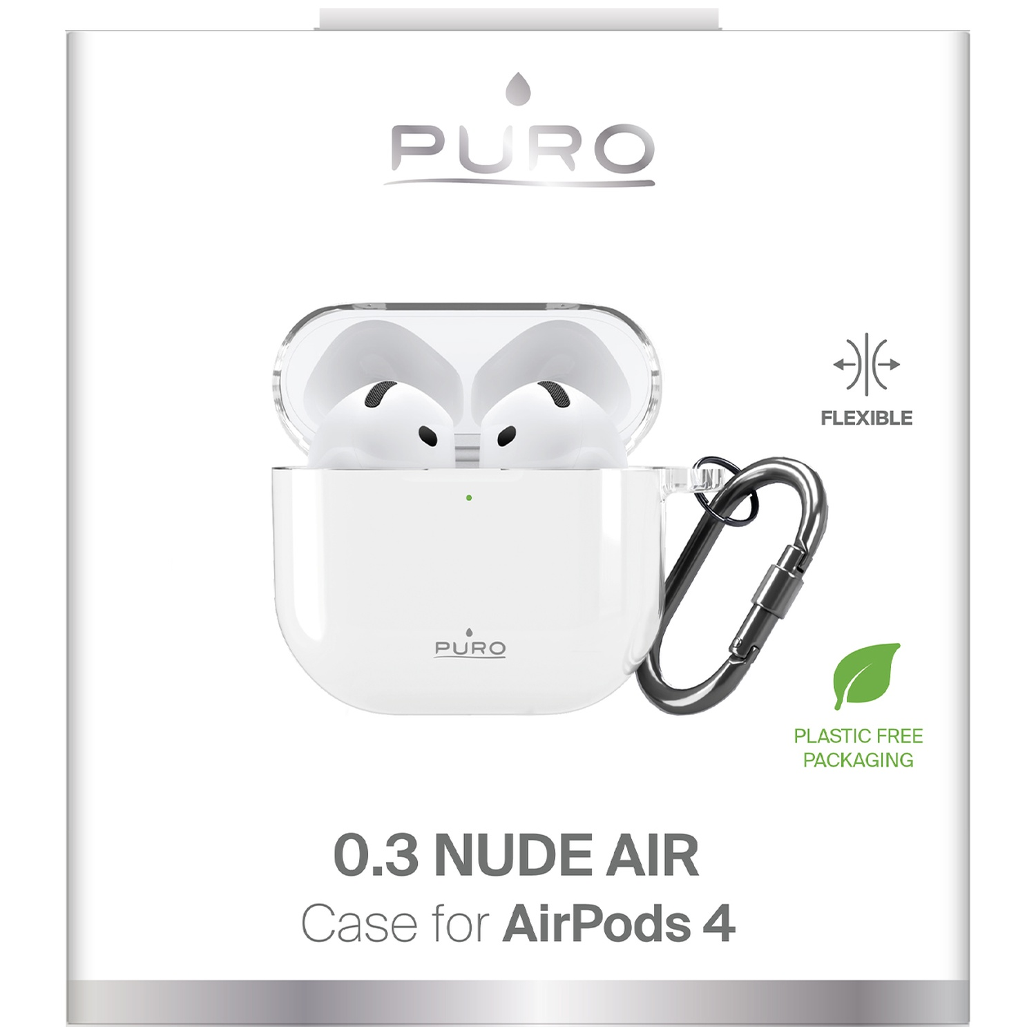 Verpakking voor Puro 0.3 Nude Air hoesje voor AirPods 4 met carabiner en plasticvrij logo.