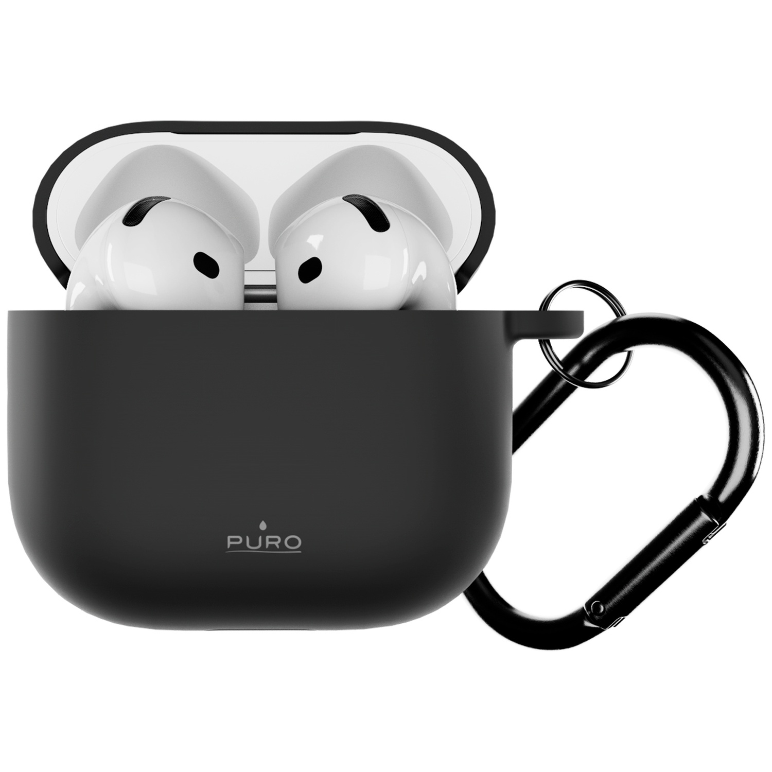 Zwarte beschermende AirPods-case met wit Puro-logo en bevestigde zwarte karabijnhaak.