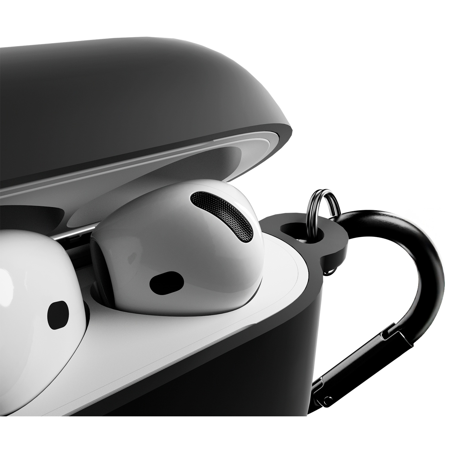 Witte AirPods Pro in een zwarte beschermhoes met karabijnhaak.