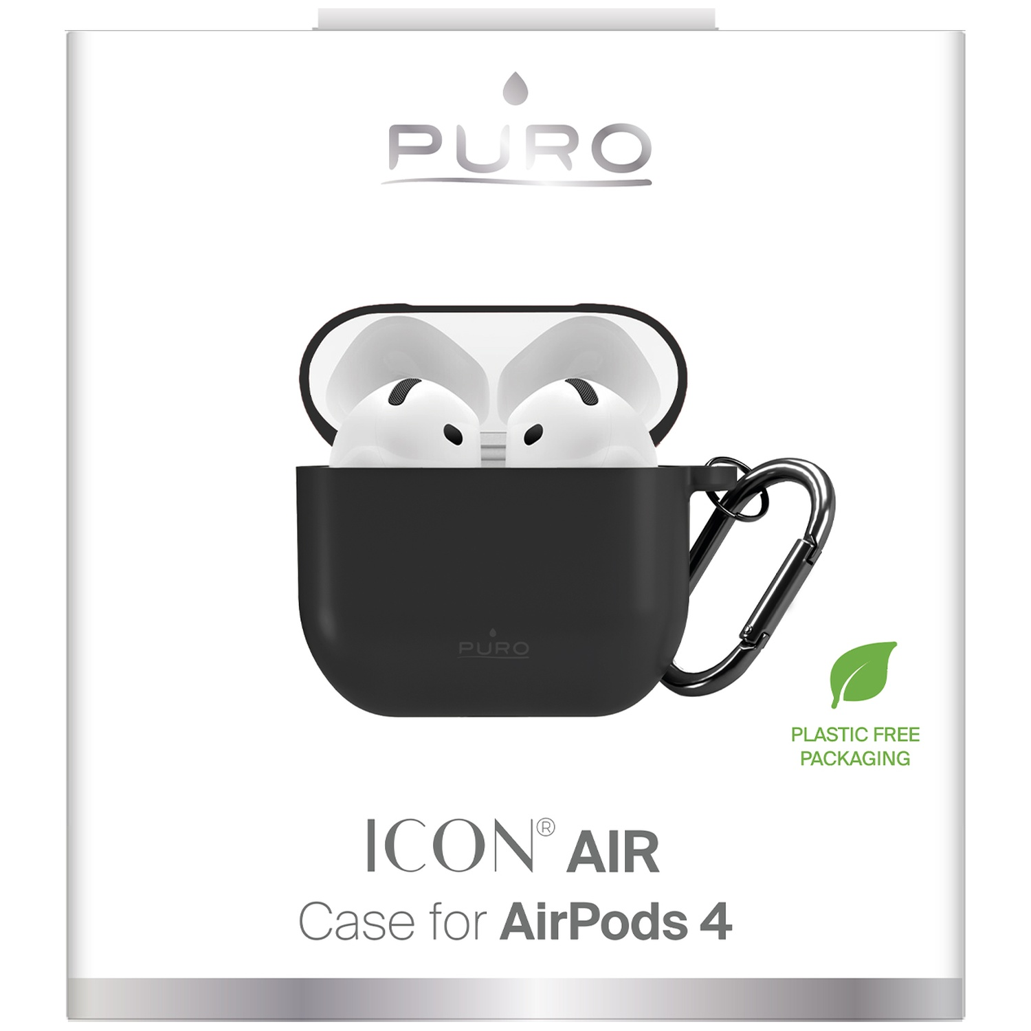 Witte doos met PURO ICON AIR siliconen hoesje voor AirPods 4 en zwarte karabijnhaak.