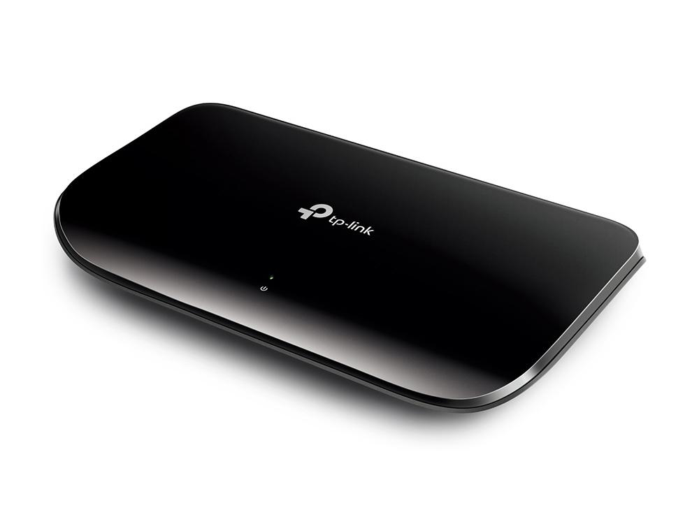 Ein glänzender schwarzer TP-Link Router mit weißem Logo und LED-Leuchte auf weißem Hintergrund.