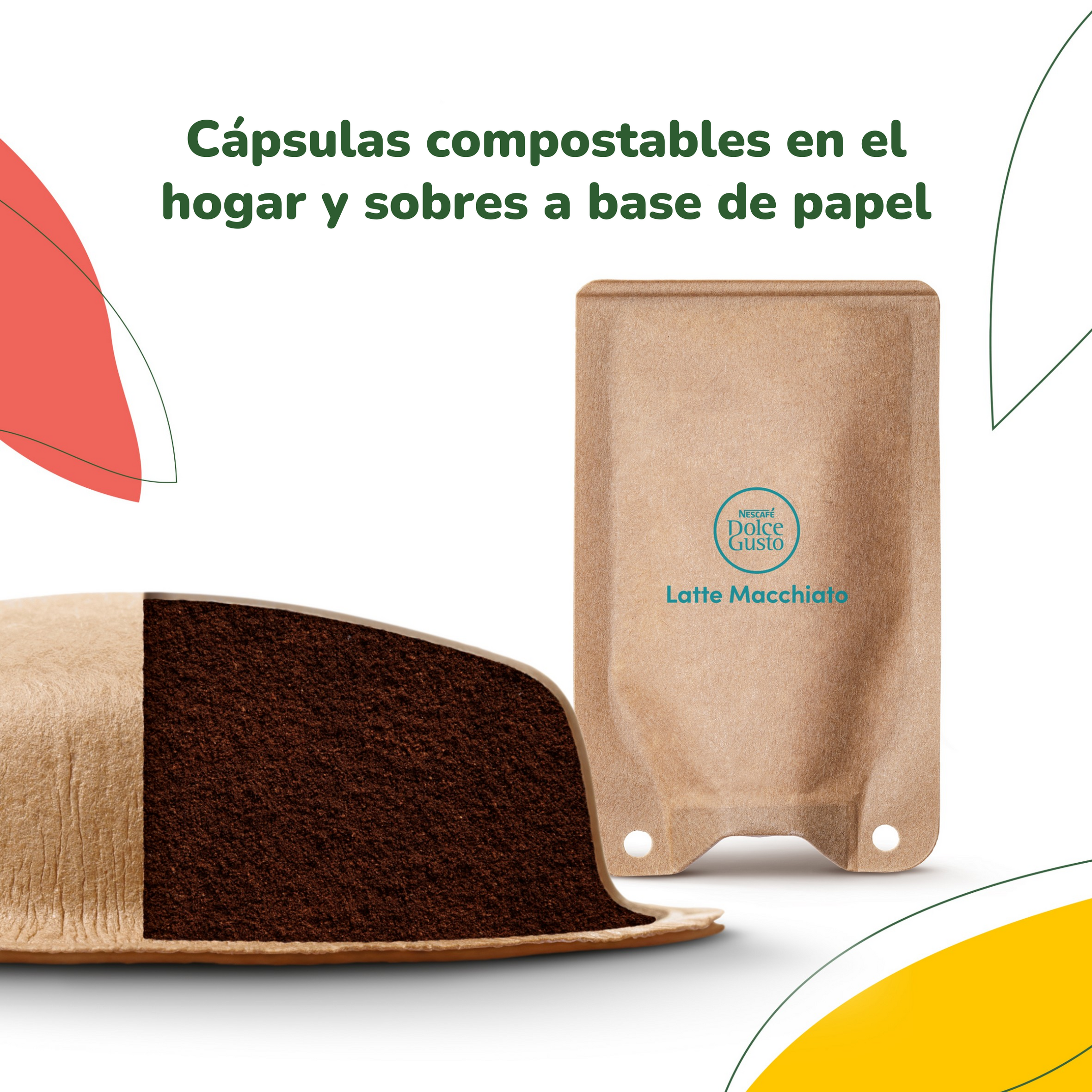 Sobre de papel con café molido y el logotipo de Dolce Gusto sobre fondo blanco.