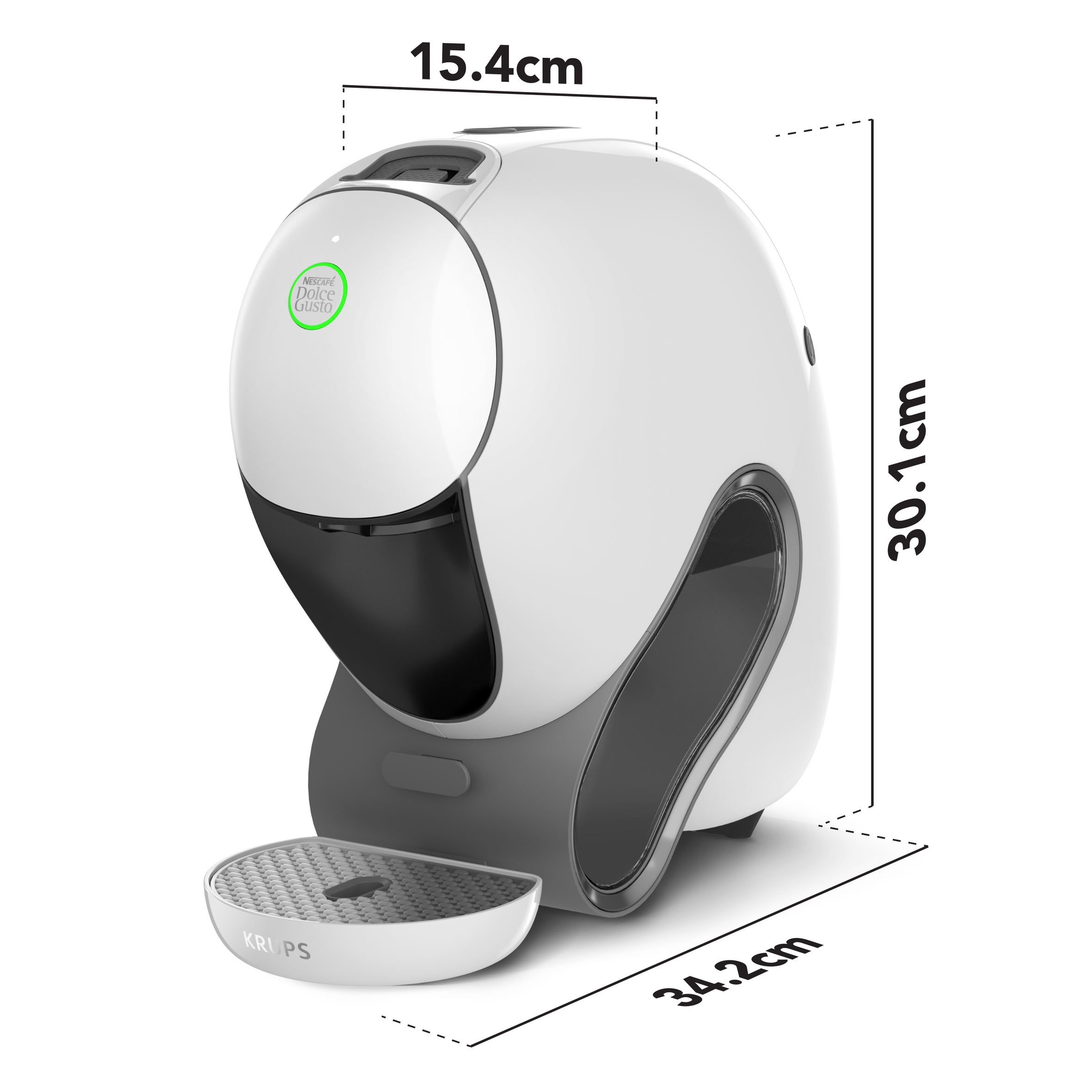 Cafetera blanca Krups Dolce Gusto con dimensiones: 15,4 cm de ancho, 30,1 cm de alto y 34,2 cm de profundidad.