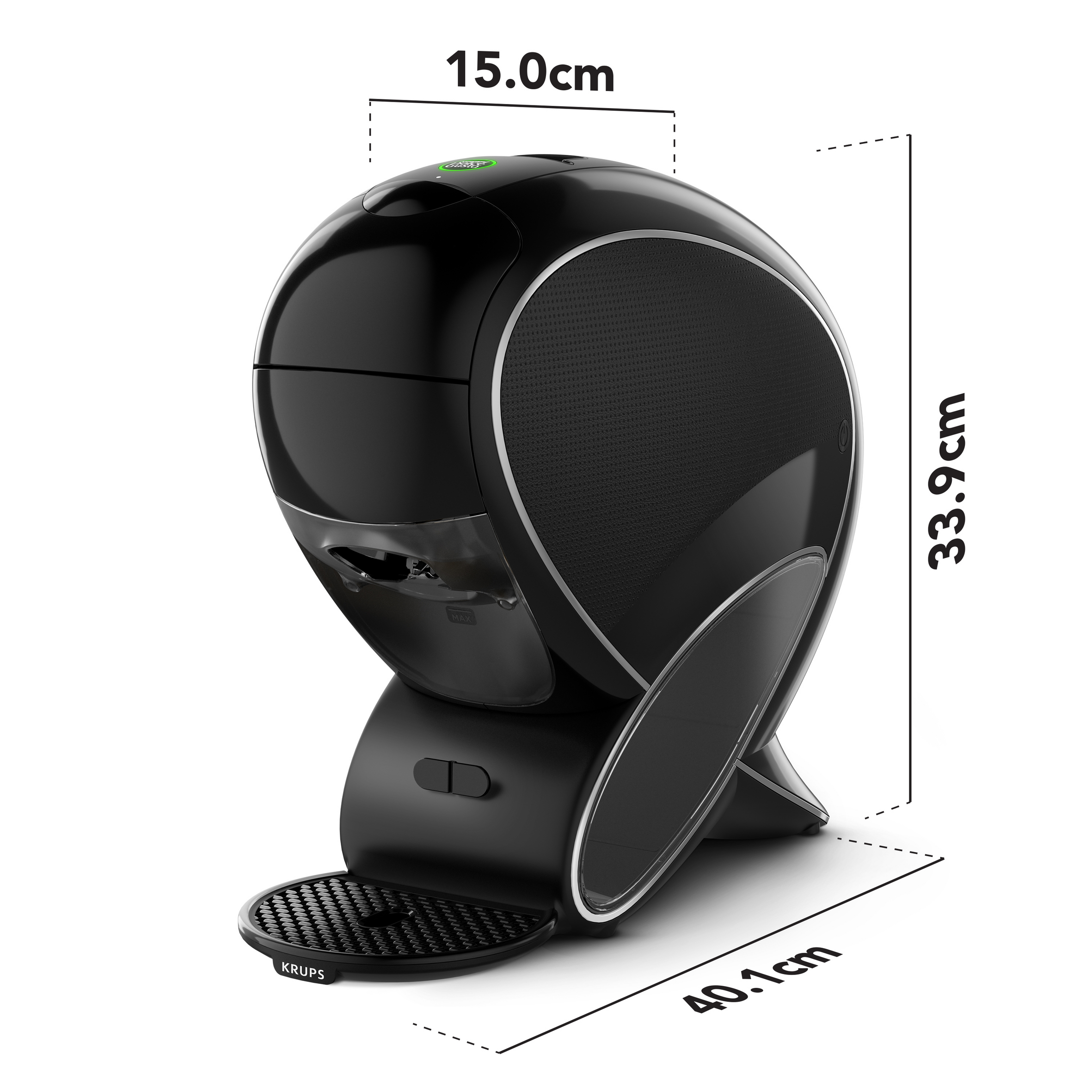 Cafetera negra con dimensiones: 15 cm de ancho, 33,9 cm de alto, 40,1 cm de profundidad.