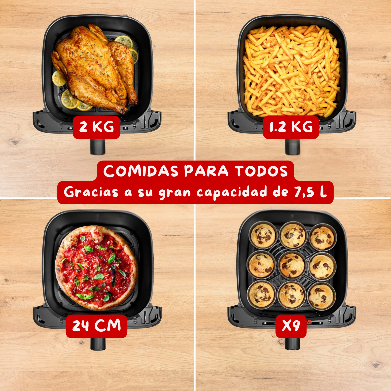 Cuatro imágenes de una freidora de aire con pollo entero, patatas, pizza y magdalenas en madera.