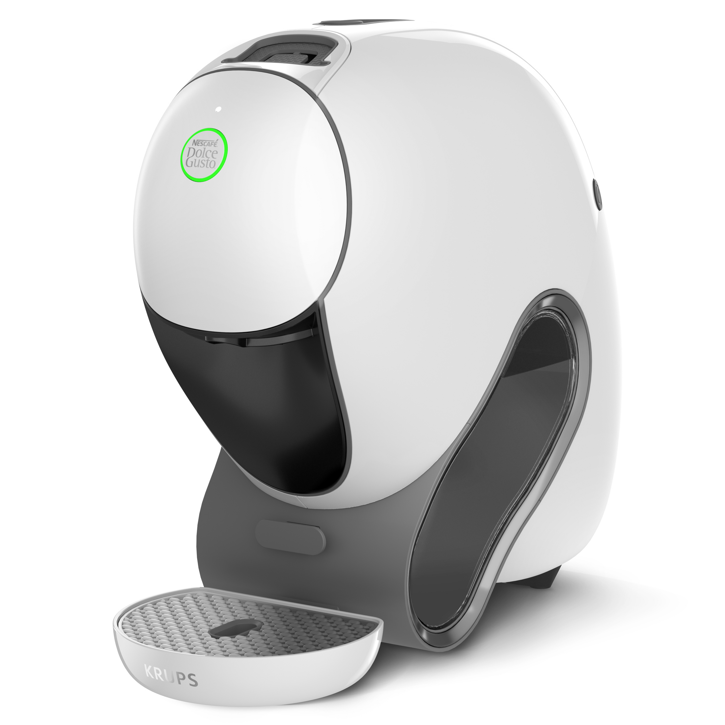 Moderna cafetera blanca Krups Dolce Gusto con bandeja antigoteo extraíble sobre fondo blanco.