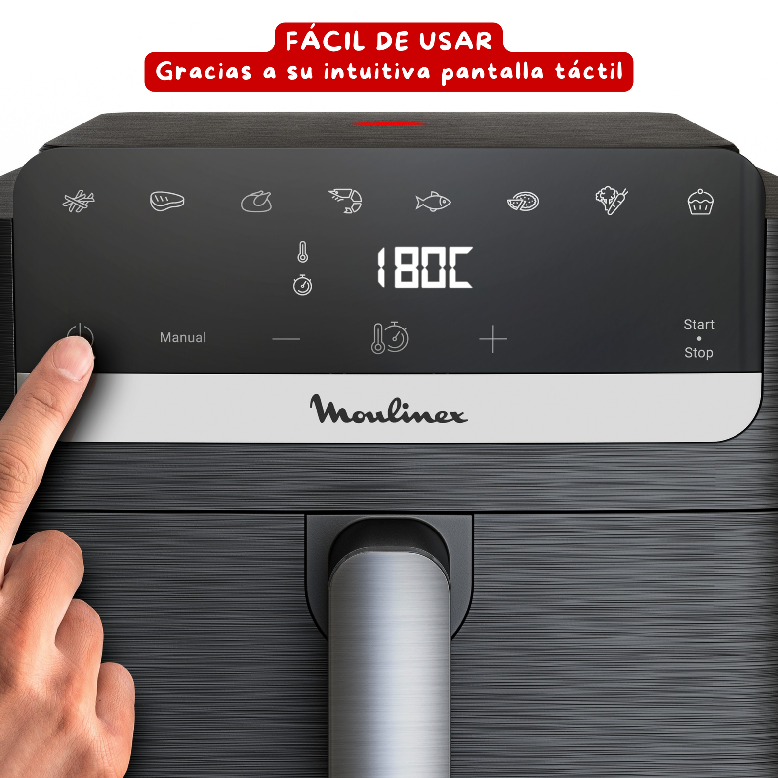 Una mano opera la pantalla táctil de una freidora de aire Moulinex gris con indicador digital de temperatura.
