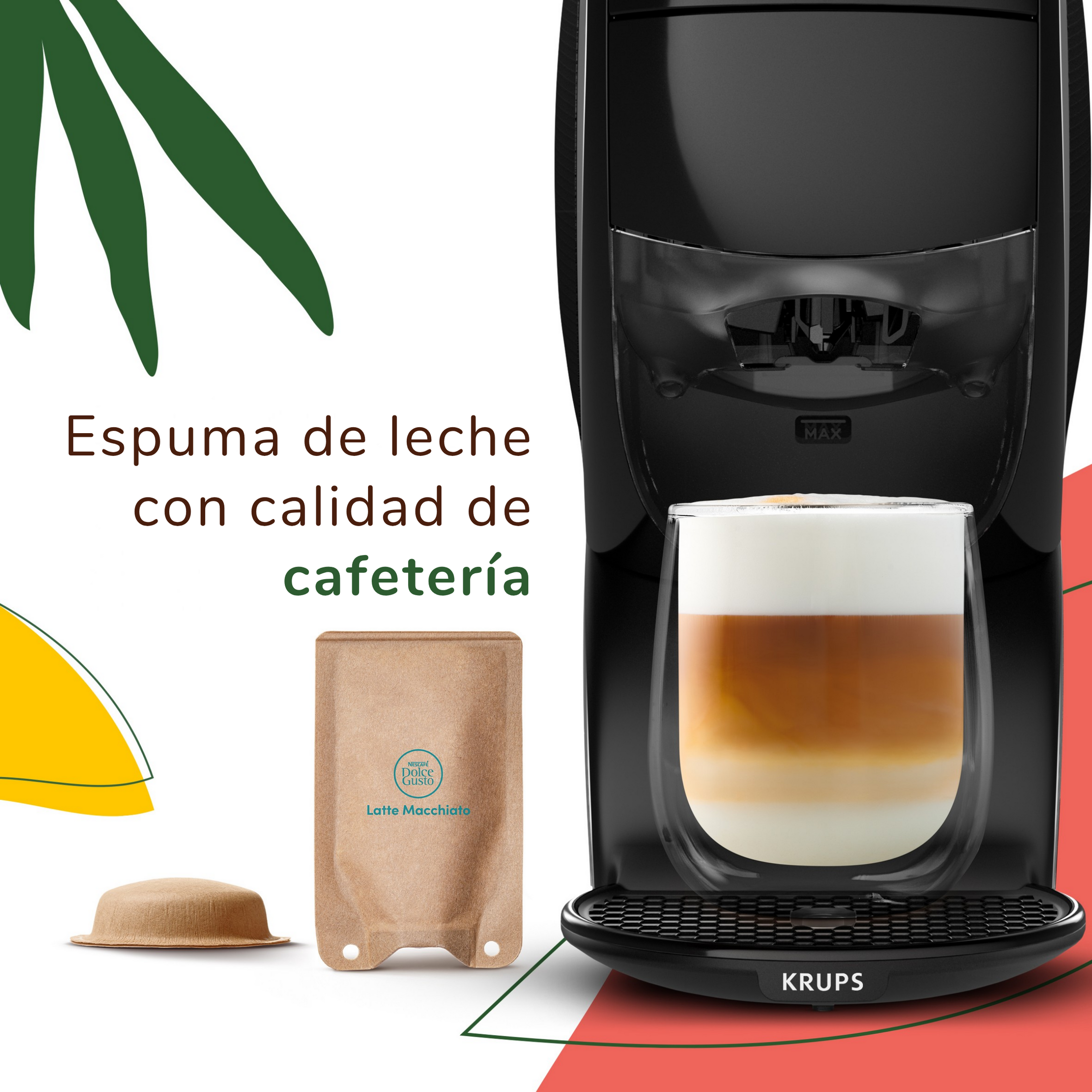 Una cafetera Krups con un vaso de latte macchiato, cápsulas de café y texto en español sobre fondo blanco.
