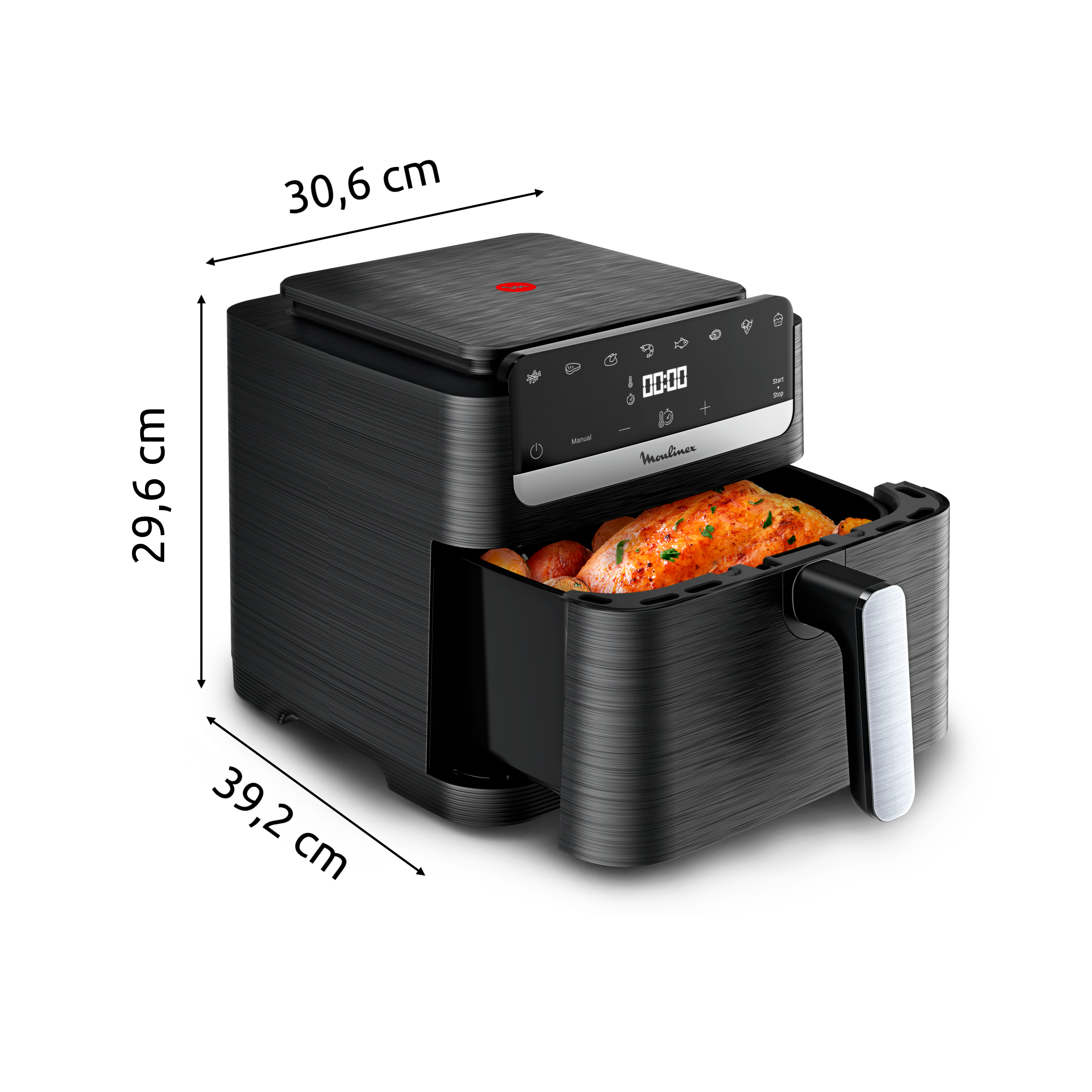 Freidora de aire negra Moulinex con cajón abierto que muestra pollo y patatas asadas.