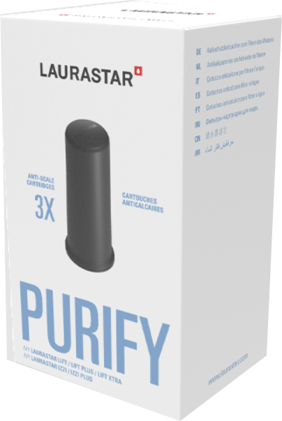 Eine weiße Laurastar Purify Schachtel mit 3 Antikalk-Kartuschen, aufrecht vor einem schlichten Hintergrund.