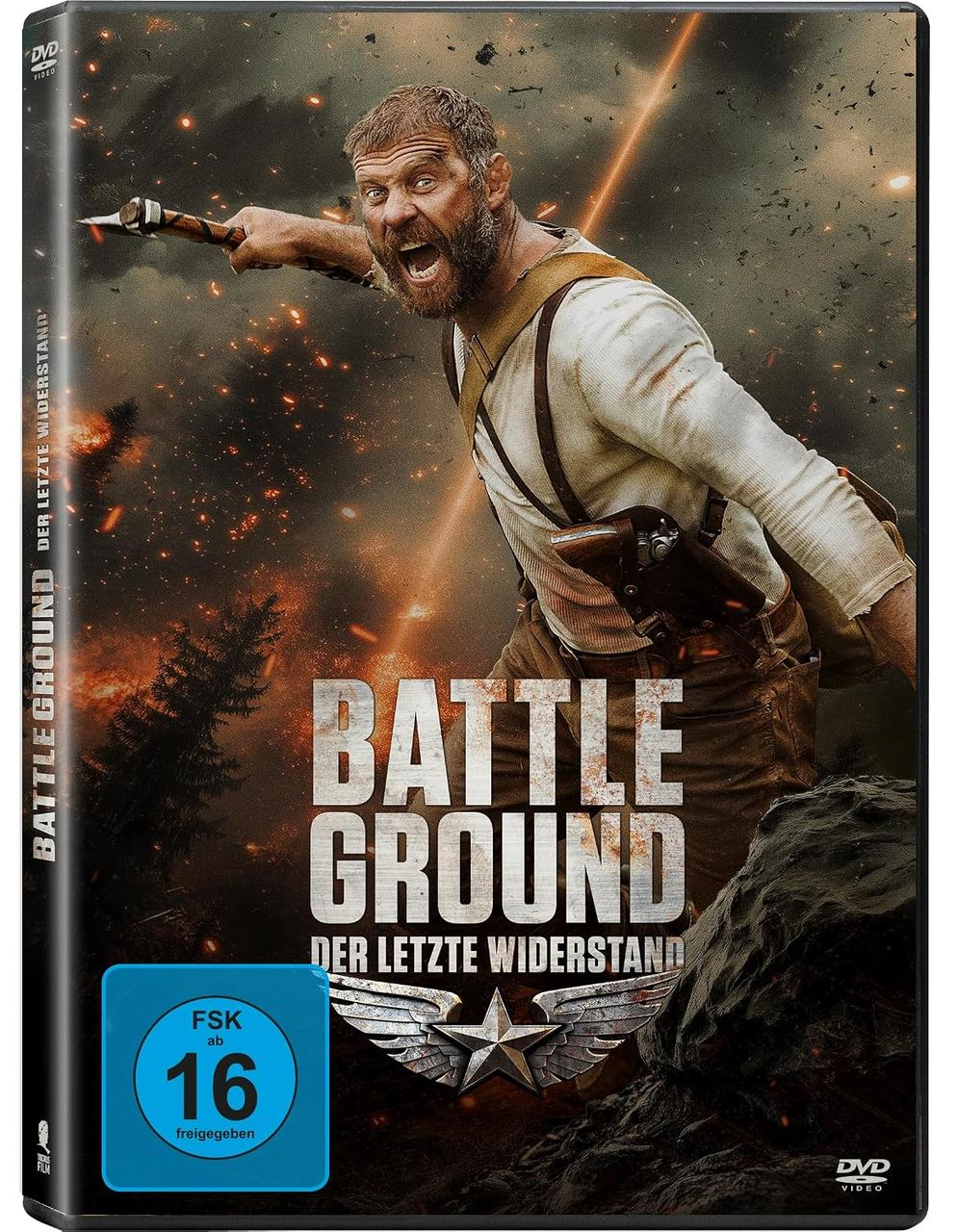 DVD-Cover von Battle Ground zeigt einen bewaffneten Mann im Kampf, umgeben vonexplosionen und Feuer.