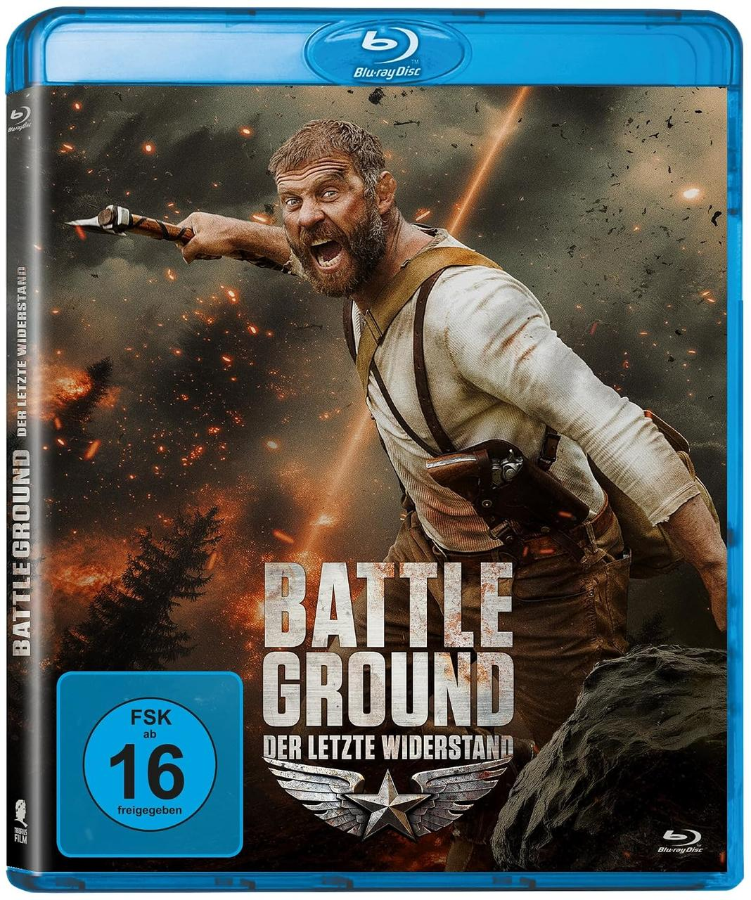 Blu-ray-Cover von Battle Ground mit einem schreienden Mann, der eine Waffe hält, vor einer explosionartigen Szene.