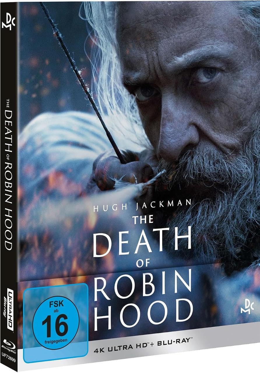 Blu-ray-Cover von The Death of Robin Hood mit Hugh Jackman, der einen Bogen spannt.