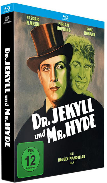 Blu-ray-Cover von Dr. Jekyll und Mr. Hyde mit Fredric March in einem Zylinder und seinem entstellten Alter Ego.