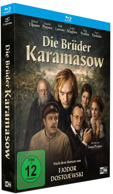 Blu-ray-Hülle des Films Die Brüder Karamasow mit sechs Charakteren vor düsterem Hintergrund.
