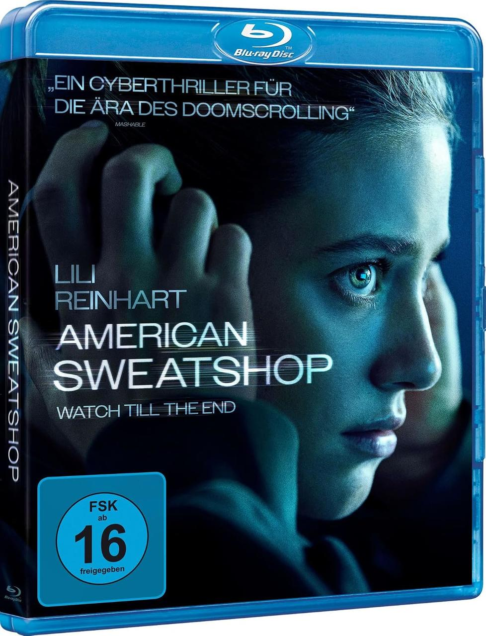 Blu-Ray-Hülle mit dem Filmcover von American Sweatshop, das eine besorgte Frau in blauem Licht zeigt.