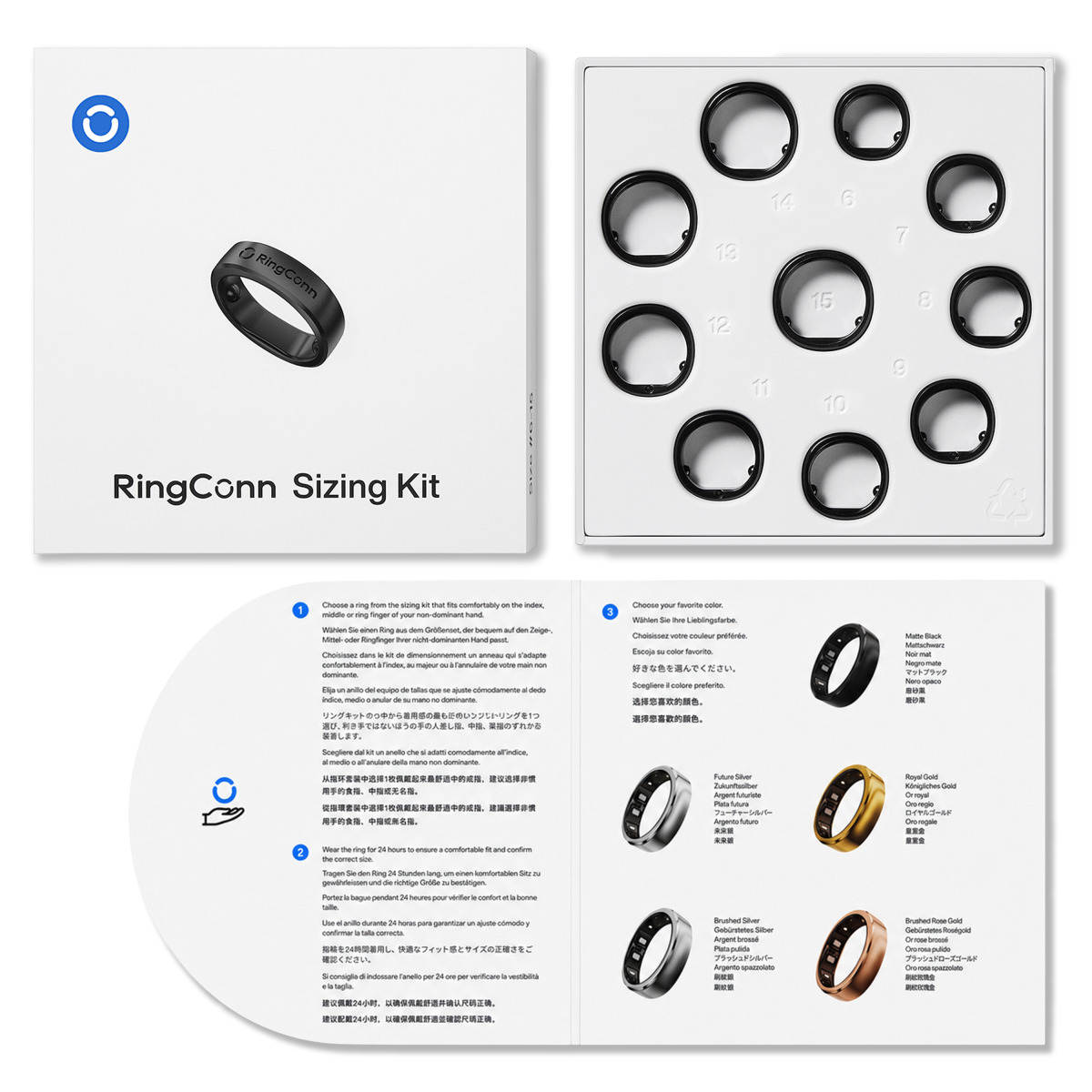 Kit di misurazione RingConn con diverse taglie di anelli neri e guida ai colori.