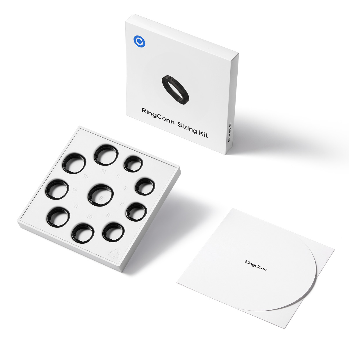 Kit di misurazione RingConn con scatola e varie misure di anelli neri.