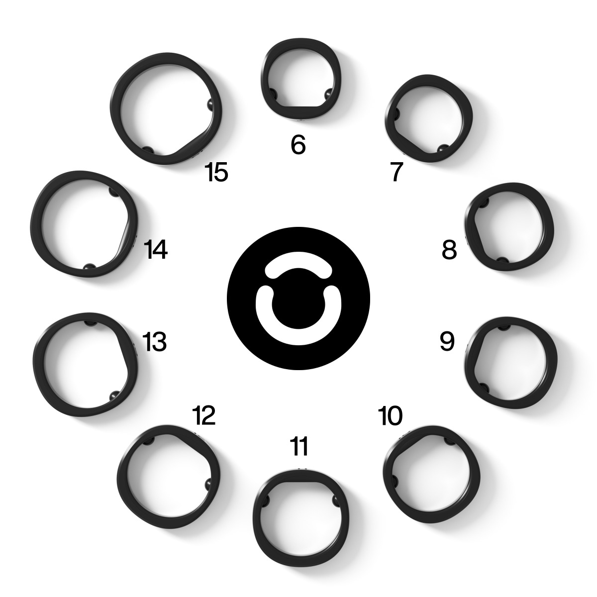 Tabella delle taglie di anelli con dieci anelli neri numerati attorno a un logo centrale.