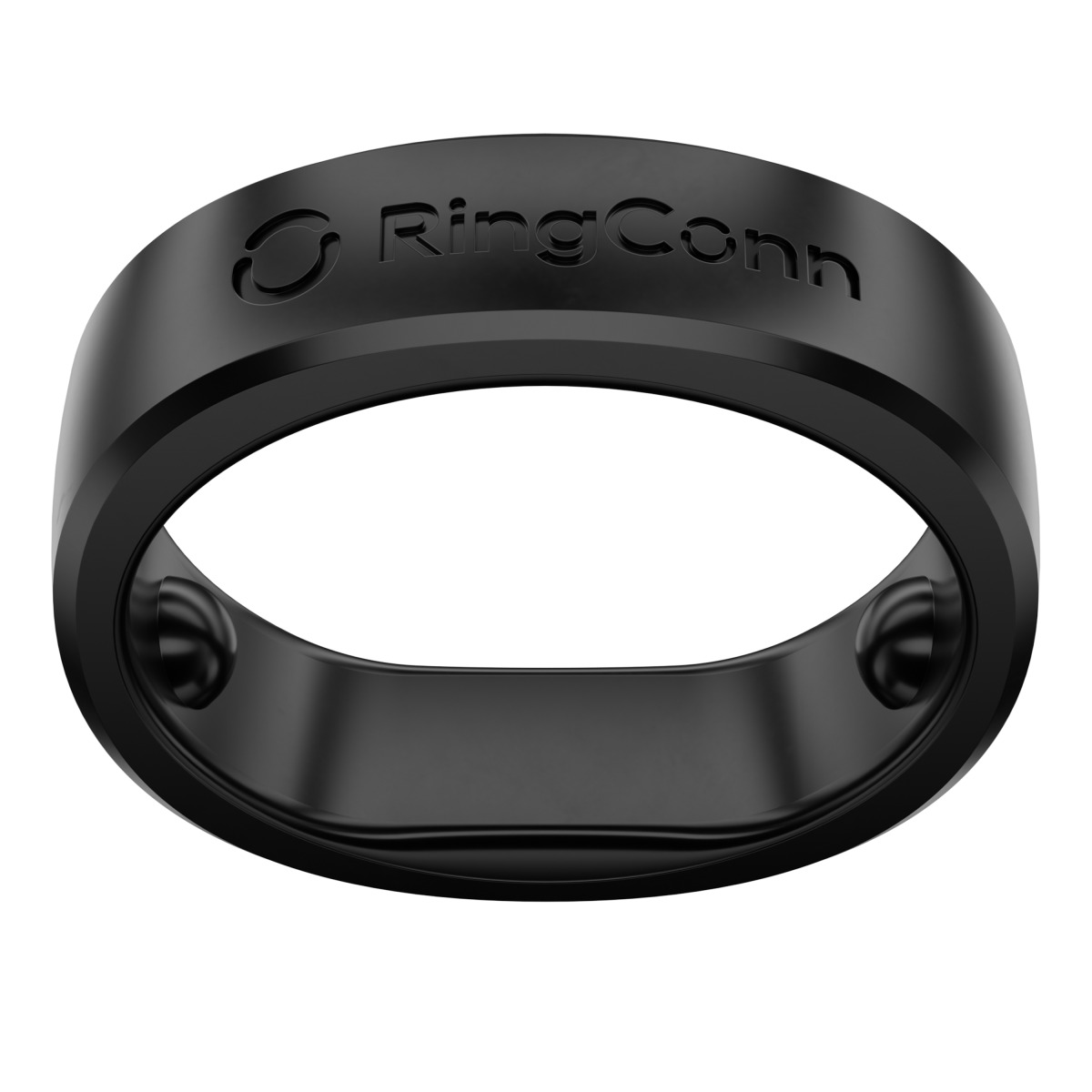 Un anello intelligente RingConn nero opaco su sfondo bianco con bordi arrotondati e sensori interni.